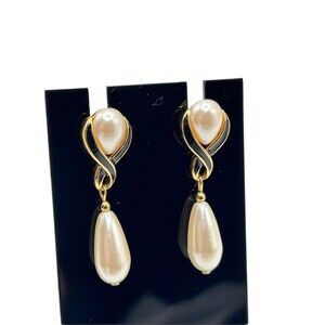 Vintage Marvella Faux Pearl Drop Earrings Gold Tone Black Enamel